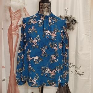 WAYF Size Small Blue Floral Long Sleeve Smocked Mock Neck Top